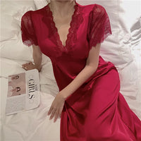 Satin Night Dress Women Sleepwear With Bras Long Lace Nightgown Short Sleeve Sleep dress Loose Intimate Lingerie Nightwear