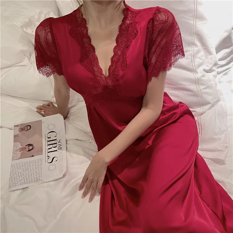 Satin Night Dress Women Sleepwear With Bras Long Lace Nightgown Short Sleeve Sleep dress Loose Intimate Lingerie Nightwear