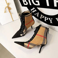 Ankle Women Boots Fashion Slim Heel High Heel Pointed Plaid Plaid Lace up Fashion Cross Strapping Boots