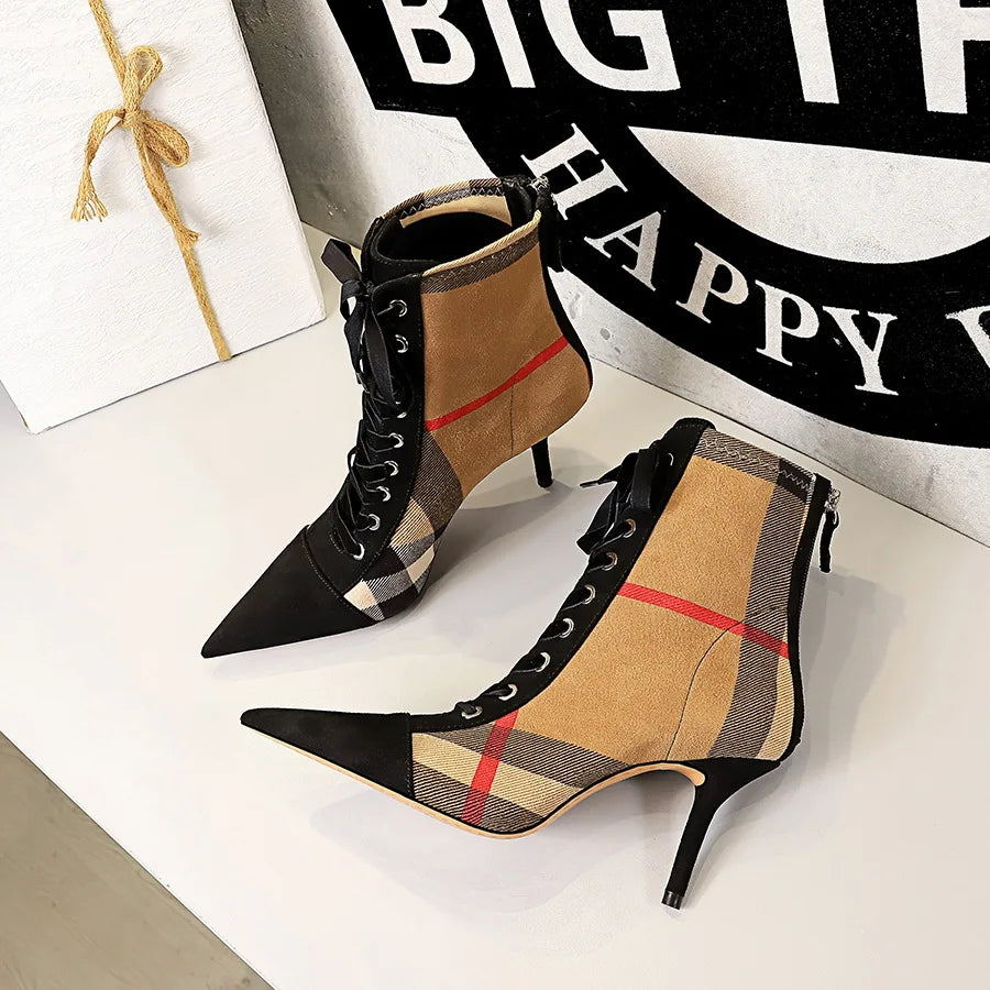 Ankle Women Boots Fashion Slim Heel High Heel Pointed Plaid Plaid Lace up Fashion Cross Strapping Boots