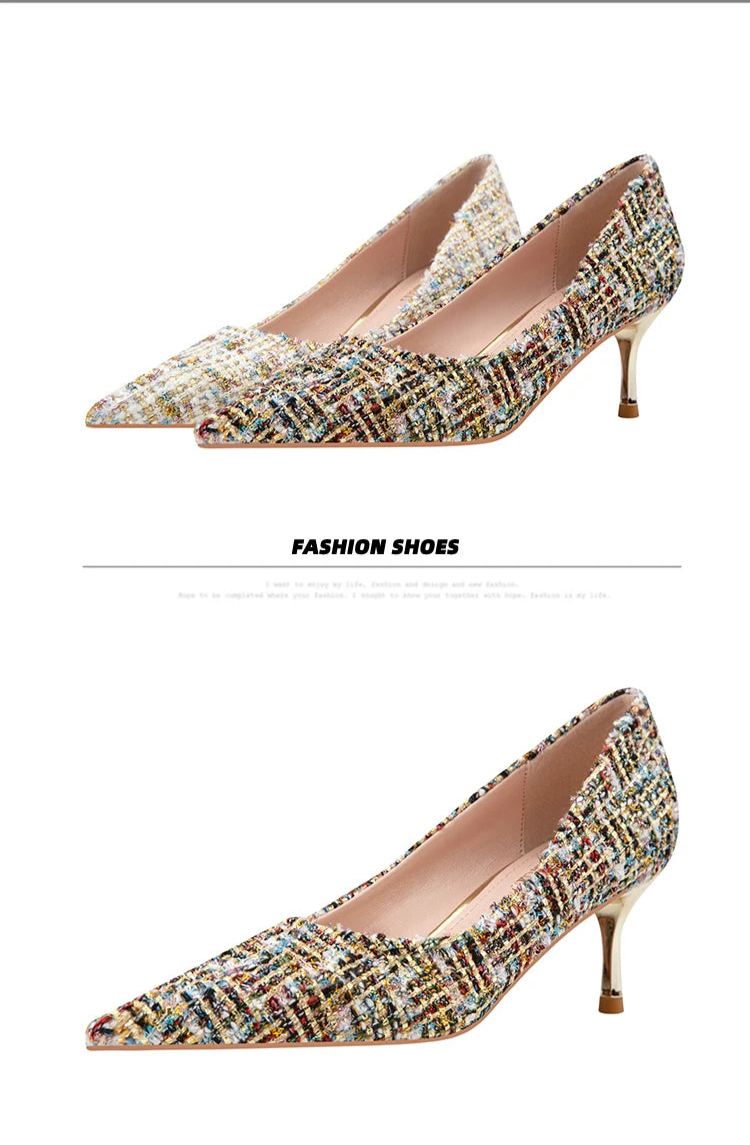 Simple Style New Fashion Sexy Wild Stiletto Metal Heels Pointed Toe Shallow Slim Bling Wedding Women Dress Pumps Shoes