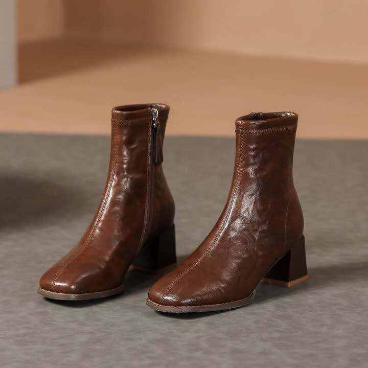 Woman Sheepskin Leather Shoes Spring Autumn Ankle Boots side Zip French Style Thick Heel Women's Short Boots