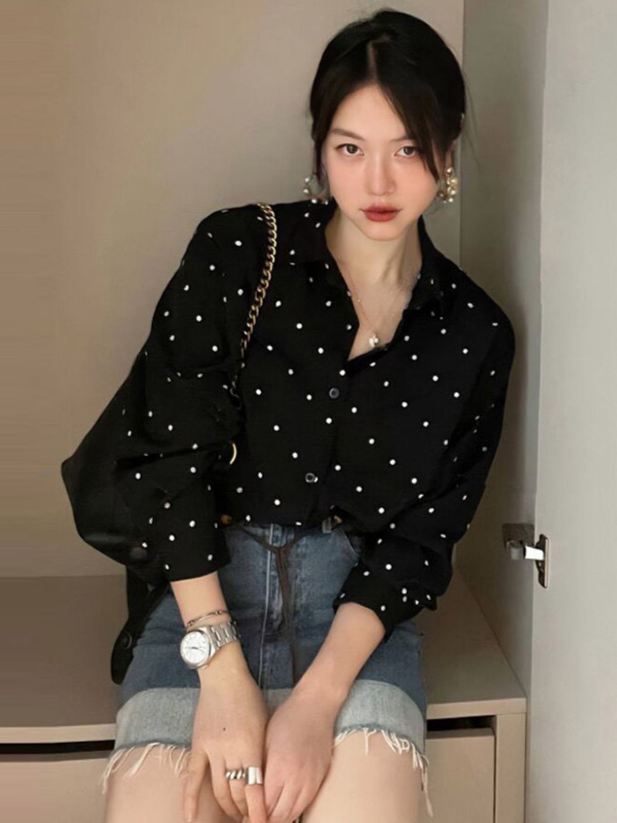 Chic Polka Dot Long Sleeve Shirt Women's Turn-down Collar French Style Simple Design Spring Summer New Arrival