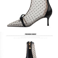 Fashion Women Ankle Boots Pointed Toe Short Pointed Toe Bow Design Thin Low Heels Back Zipper Fashion Boots Air Mesh Boots