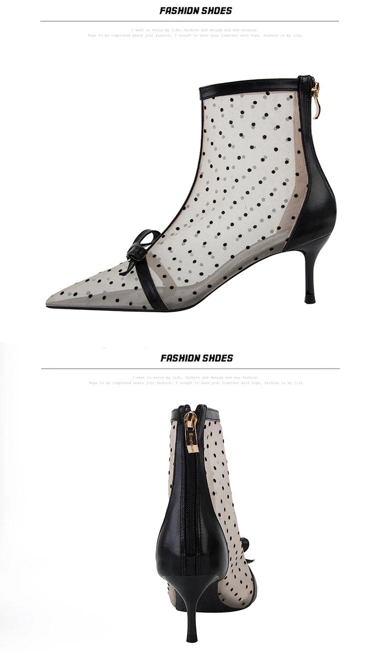 Fashion Women Ankle Boots Pointed Toe Short Pointed Toe Bow Design Thin Low Heels Back Zipper Fashion Boots Air Mesh Boots