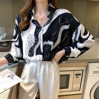 Lady Turn Down Collar Printed Shirt Fashion Tops Casual Long Sleeve Blouse Vintage Clothes