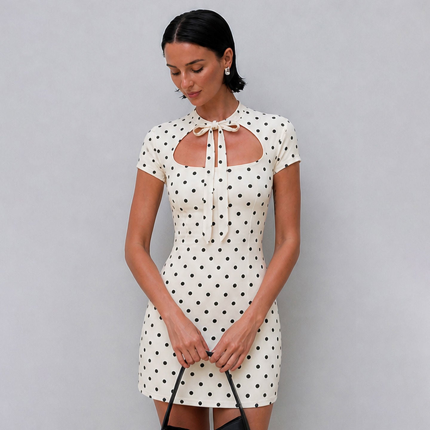 Polka Dot Mini Dresses For Women Casual Short Sleeve Lace Up Collar Dress Sexy Lady Club Party Woman Evening Dress