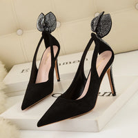 Women's High Heels Suede Stilettos Bow Detail Black Pointed Toe Pumps Sexy Temperament Footwear for Special Occasions