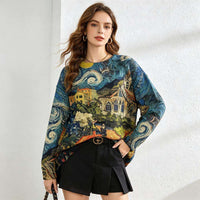 Women's Van Gogh Starry Night Oil Painting Print Oversized Knit Sweater Casual Streetwear Long Sleeve Crewneck Pullover Top Natalia Home Fashion    Natalia Home Fashion