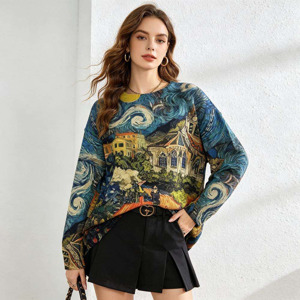 Women's Van Gogh Starry Night Oil Painting Print Oversized Knit Sweater Casual Streetwear Long Sleeve Crewneck Pullover Top Natalia Home Fashion    Natalia Home Fashion