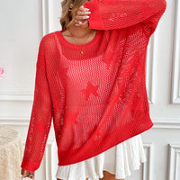 Star Shaped Hollow out Knitted Long Sleeve Crew Neck Pullover Top for Women Comfortable Breathable Soft Material