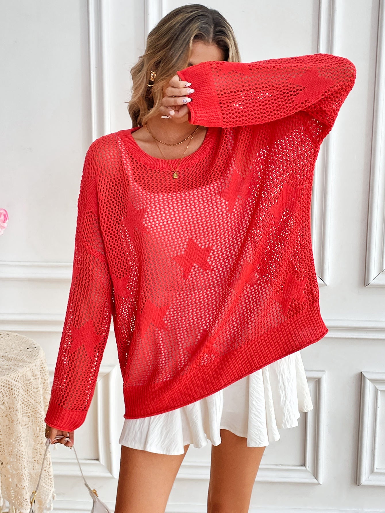 Star Shaped Hollow out Knitted Long Sleeve Crew Neck Pullover Top for Women Comfortable Breathable Soft Material