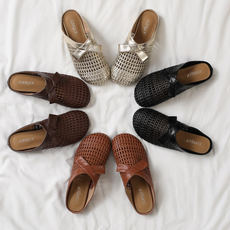 Versatile woven closed-toe sandals with bow and hollow-out design, new summer breathable soft-soled women's sandals
