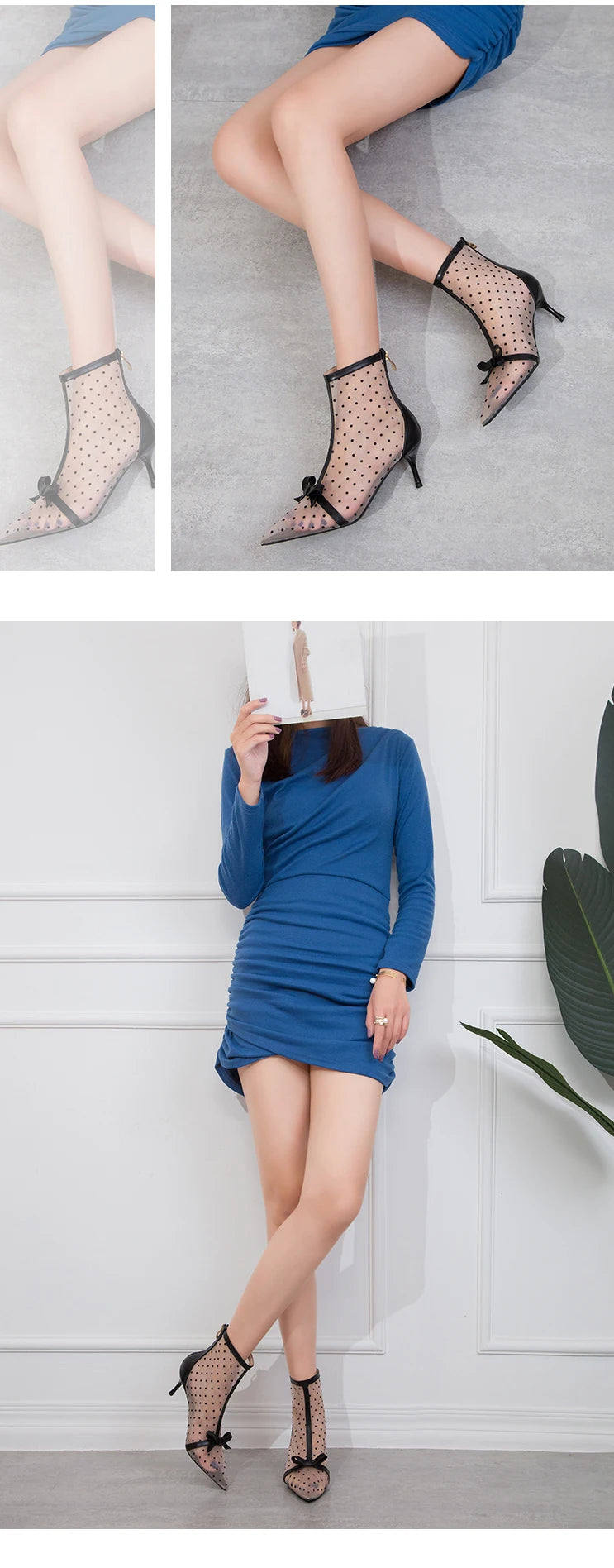 Fashion Women Ankle Boots Pointed Toe Short Pointed Toe Bow Design Thin Low Heels Back Zipper Fashion Boots Air Mesh Boots