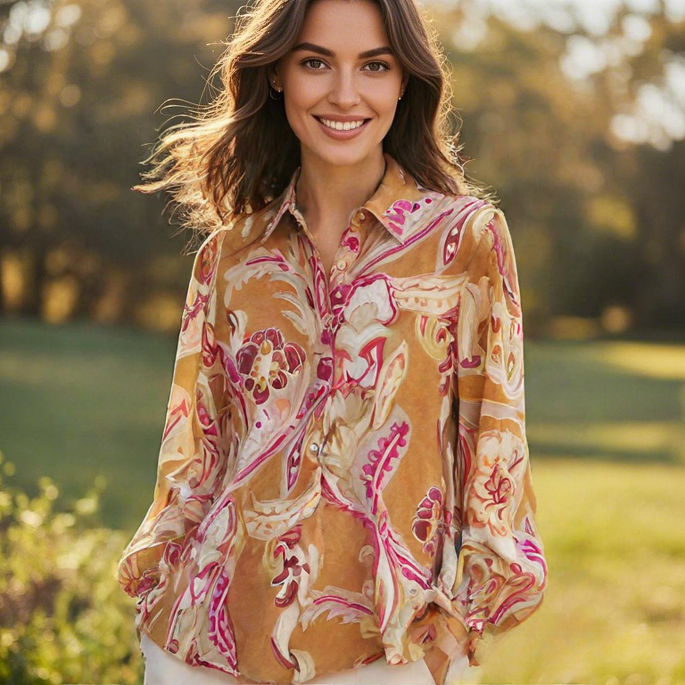 Spring New Ethnic style Flower Print Chiffon Shirt Single Breasted Tiered Ruffles Women's Sheer Top Thin Blouse