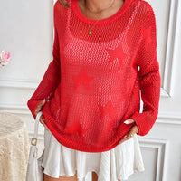 Star Shaped Hollow out Knitted Long Sleeve Crew Neck Pullover Top for Women Comfortable Breathable Soft Material