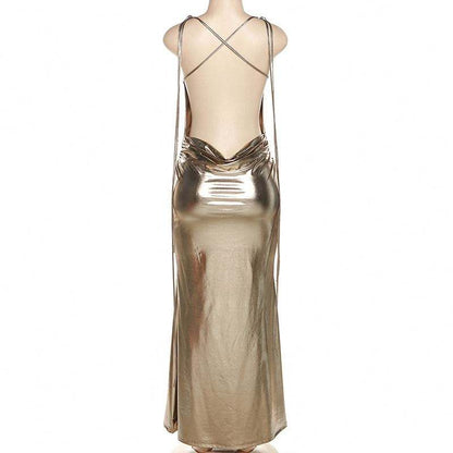 Women's Camisole Dress Low-cut Sexy Off Shoulder Backless Pleated Hip Wrap Long Dress Sexy Party Summer Fashion