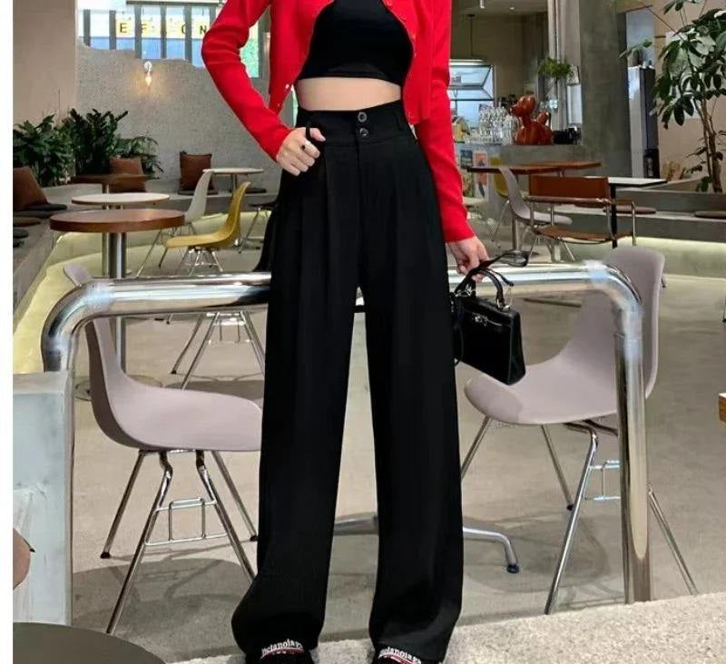 High Waist  Suit Pants Women Straight  Office Ladies Trousers Fashion Button Loose Spring Female Streetwear