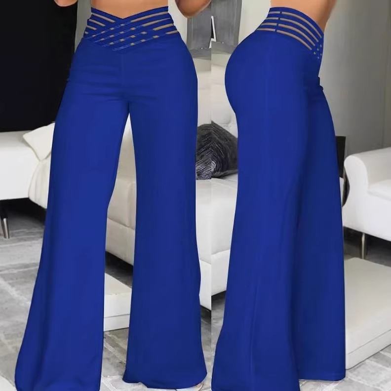 Women Flared Pants Elegant Office Lady Casual High Waist Trousers Spring Summer Solid Crisscross Sheer Mesh Patch Wide Leg Pant Natalia Home Fashion    Natalia Home Fashion