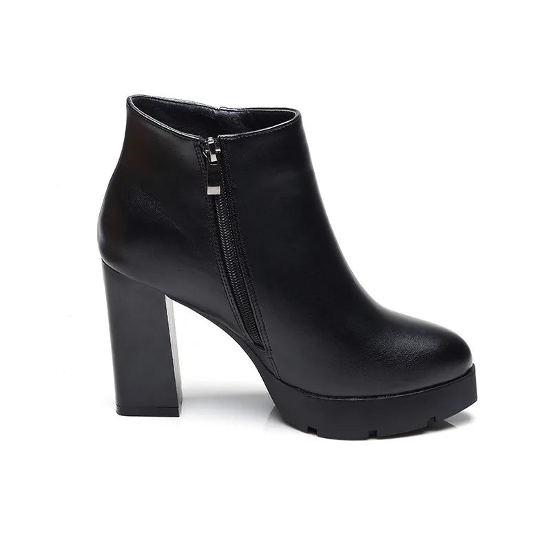 Fashion Casual Zipper Pointed Toe Soft Leather Women Shoes Square High Heel Ankle Boots Black Motorcycle Boots Shoes