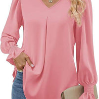 Fashion Simple Solid Color Pullover Shirt Women Loose V-neck Flared Sleeve Shirts Top Female Elegant Commuting Clothing
