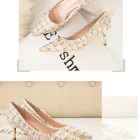 Simple Style New Fashion Sexy Wild Stiletto Metal Heels Pointed Toe Shallow Slim Bling Wedding Women Dress Pumps Shoes