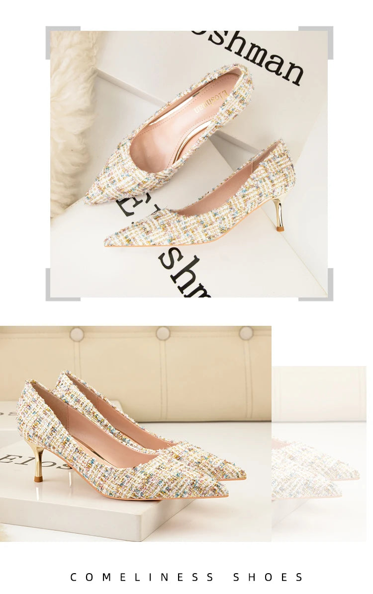 Simple Style New Fashion Sexy Wild Stiletto Metal Heels Pointed Toe Shallow Slim Bling Wedding Women Dress Pumps Shoes