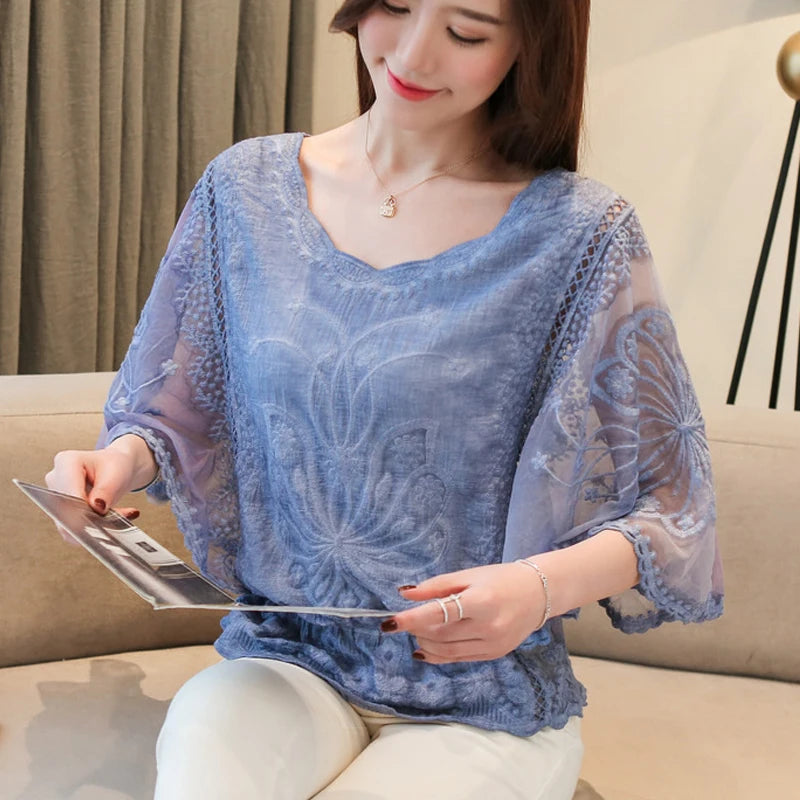Loose Lace Blouse Women Butterfly Sleeve Chiffon Shirt Woman Fashion Casual Floral Shirt Tops