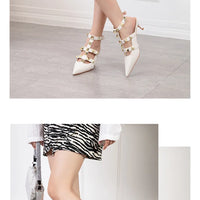 Female Rivets T-strap Sandals Pointy Toe Soft Leather Sexy Women Shoes Comfort 6CM High Heels Ladies Work Dress Shoe