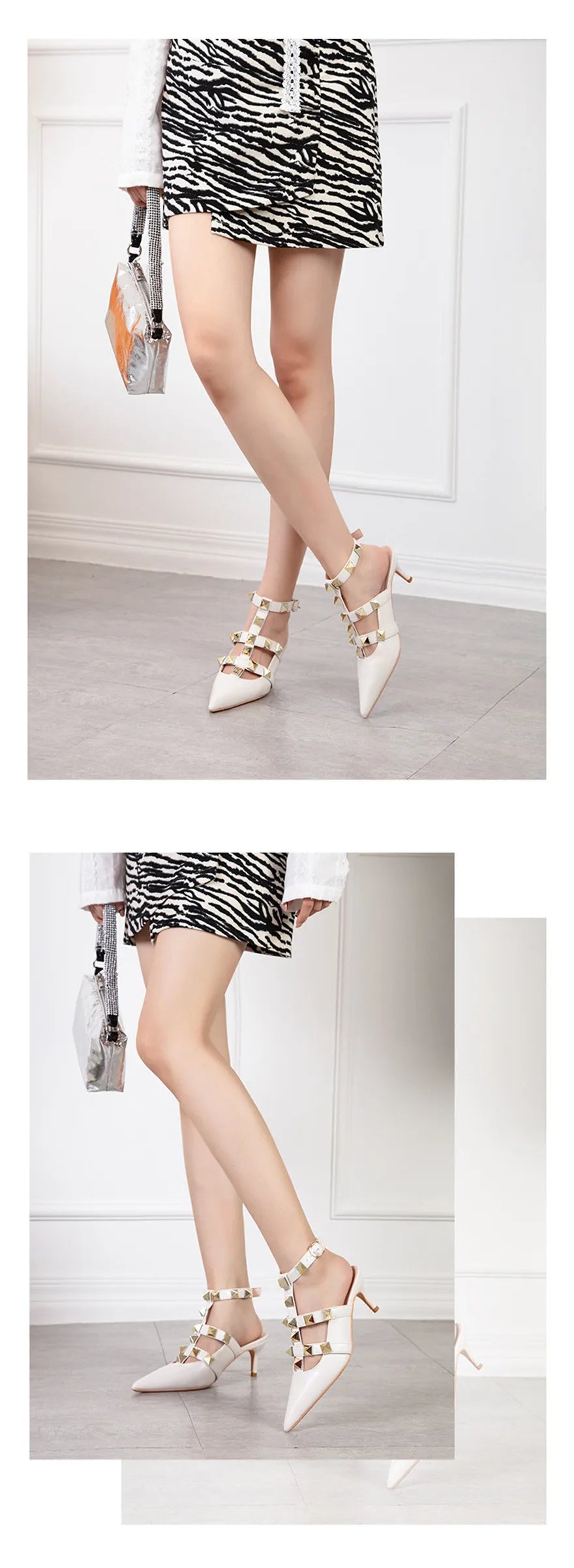 Female Rivets T-strap Sandals Pointy Toe Soft Leather Sexy Women Shoes Comfort 6CM High Heels Ladies Work Dress Shoe