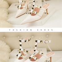 Female Rivets T-strap Sandals Pointy Toe Soft Leather Sexy Women Shoes Comfort 6CM High Heels Ladies Work Dress Shoe