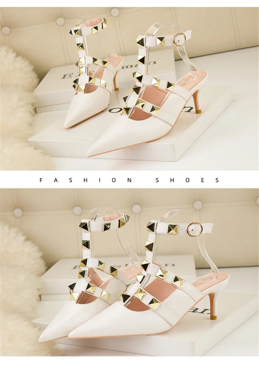 Female Rivets T-strap Sandals Pointy Toe Soft Leather Sexy Women Shoes Comfort 6CM High Heels Ladies Work Dress Shoe