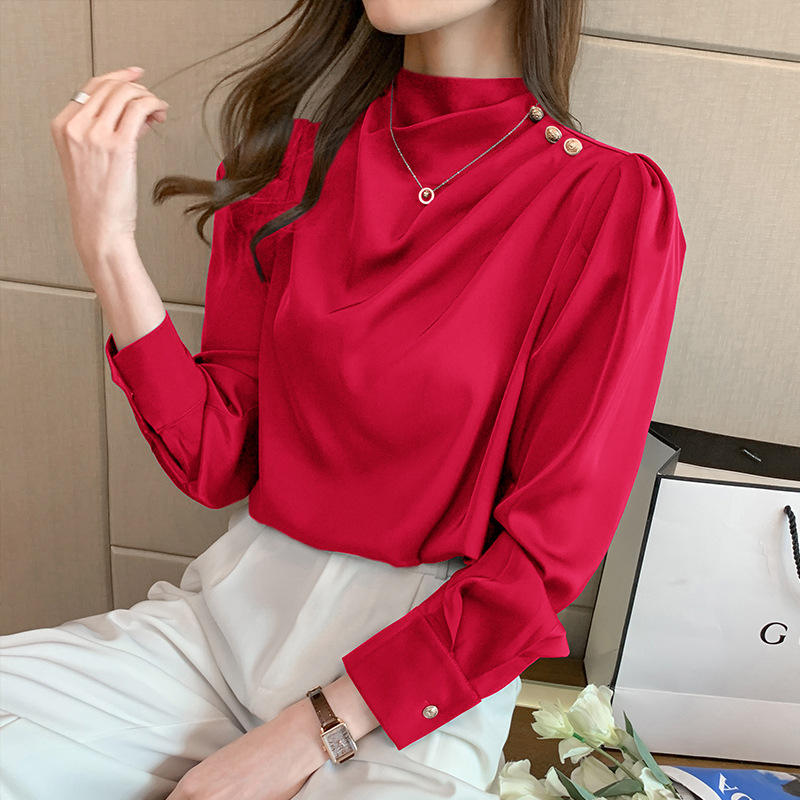 Stylish Long Sleeve Women Satin Blouses Elegant Loose O-neck Buttons Ladies Pullovers Shirts Tops Natalia Home Fashion    Natalia Home Fashion