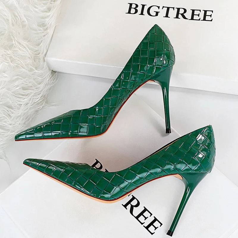 Woven Pattern Woman Pumps Patent Leather Pumps Shoes Women High Heels Lady Stiletto Sexy Party Shoes