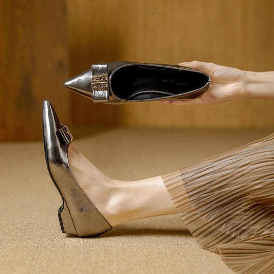 Sheepskin Bow Knot Casual wear Flats  Women's Work Pointed Toe Single Shoes small wedge style Heel