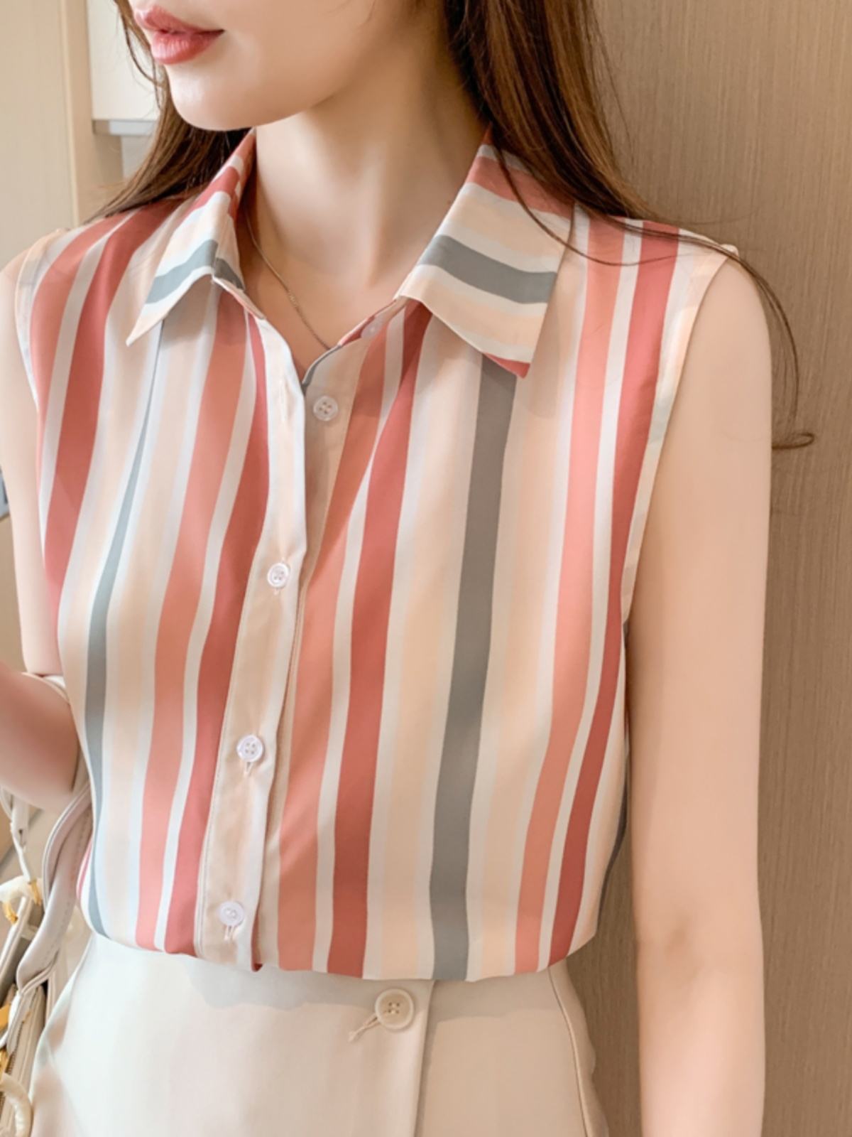 Stripe Women Blouse Casual Shirts Summer Female Clothing Sleeveless  Elegant and Youth Woman Blouses Basic Shirts and Blouses