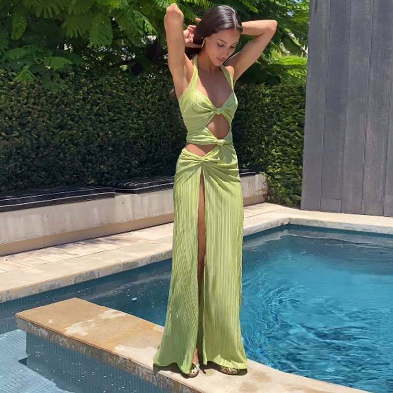 Woman Summer Dress Solid Color Sexy Pullover Dresses Asymmetrical Rucked Backless Long Socialite Style Side Slit Evening Dress