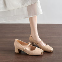 Retro Square Head Mary Jane Shoes Women Comfortable Slip-On High Heels Casual Velvet Upgraded Rubber Sole