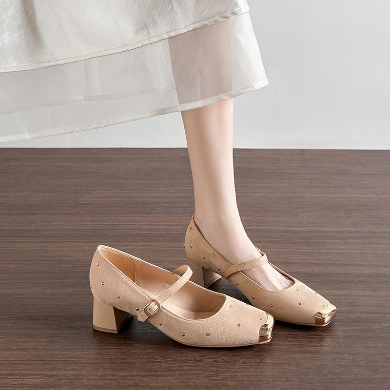 Retro Square Head Mary Jane Shoes Women Comfortable Slip-On High Heels Casual Velvet Upgraded Rubber Sole