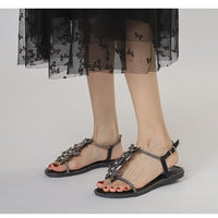 Single-strap rhinestone bow flat sandals, new summer fashion, simple and stylish, suitable for outdoor wear, Roman beach shoes
