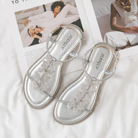 Single-strap rhinestone bow flat sandals, new summer fashion, simple and stylish, suitable for outdoor wear, Roman beach shoes
