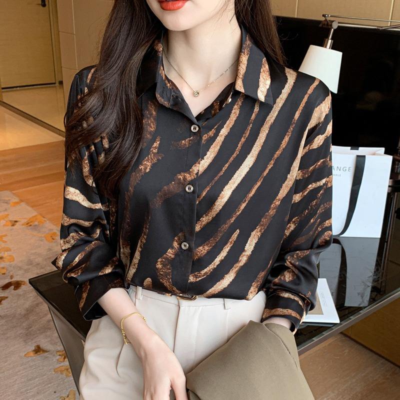 Loose Zebra Print Long Sleeve Silk Shirt Women Blouse Tops Fashion Office Lady Autumn Turn Down Collar Clothes