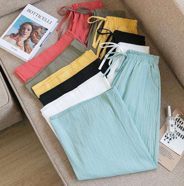 Casual Baggy Wide Leg Trousers Women Summer Thin Comfy Breathable Ankle Length Pants Vintage Loose Cotton Linen Straight Pants