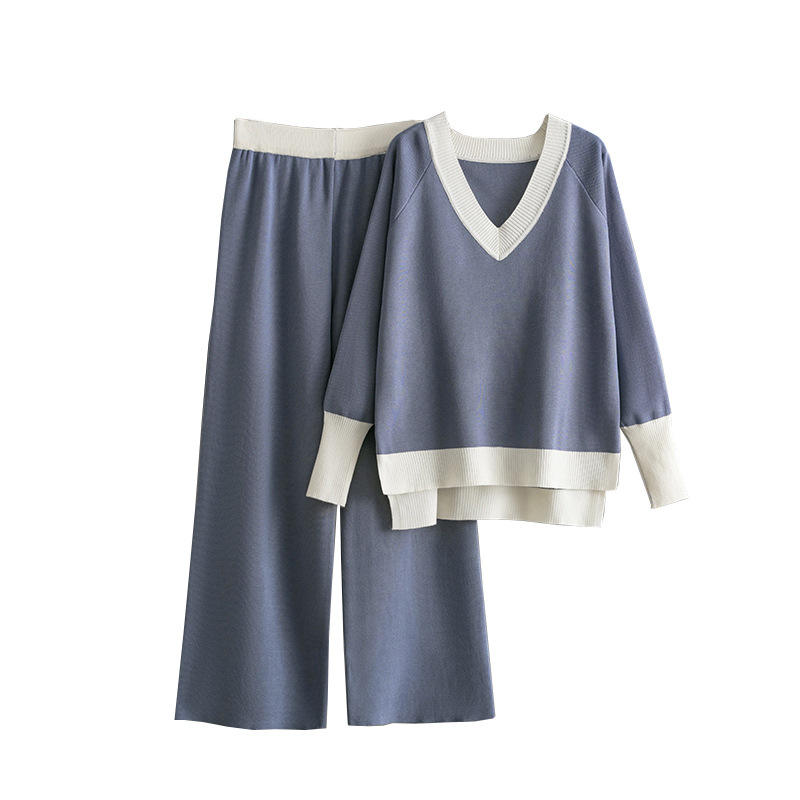 Casual Multicolor Loose Sets V Neck Sweater Solid Wide Legs Long Pants Women Knitwear Thick 2pc Suits Natalia Home Fashion    Natalia Home Fashion