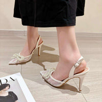 New Fashion Pearl Bowknot Mesh Pointed Toe White High Heels Sling back Sandal Sexy Back Buckle Strap Shoes Women Pumps