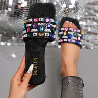 Colorful Diamond Flat Sandals Women's Summer Fashion Square Head Slip-On Shoes Breathable Lightweight PU Leather