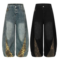 Retro Leopard Print Patchwork Baggy Jeans Women High Waist Wide Leg Washed Denim Pants Trousers Natalia Home Fashion    Natalia Home Fashion