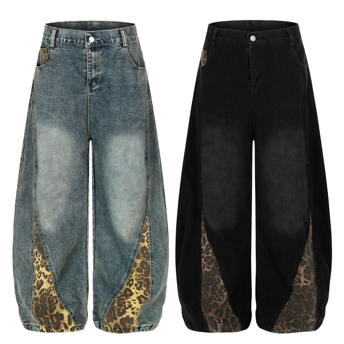 Retro Leopard Print Patchwork Baggy Jeans Women High Waist Wide Leg Washed Denim Pants Trousers Natalia Home Fashion    Natalia Home Fashion