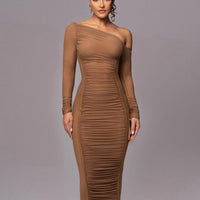 Women Two Layer Mesh Backless Ruched bodycon dress Club Party Sexy Long Dress Diagonal Collar Long Sleeve Midi Dress