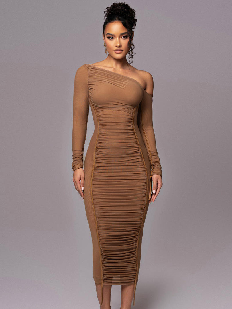 Women Two Layer Mesh Backless Ruched bodycon dress Club Party Sexy Long Dress Diagonal Collar Long Sleeve Midi Dress